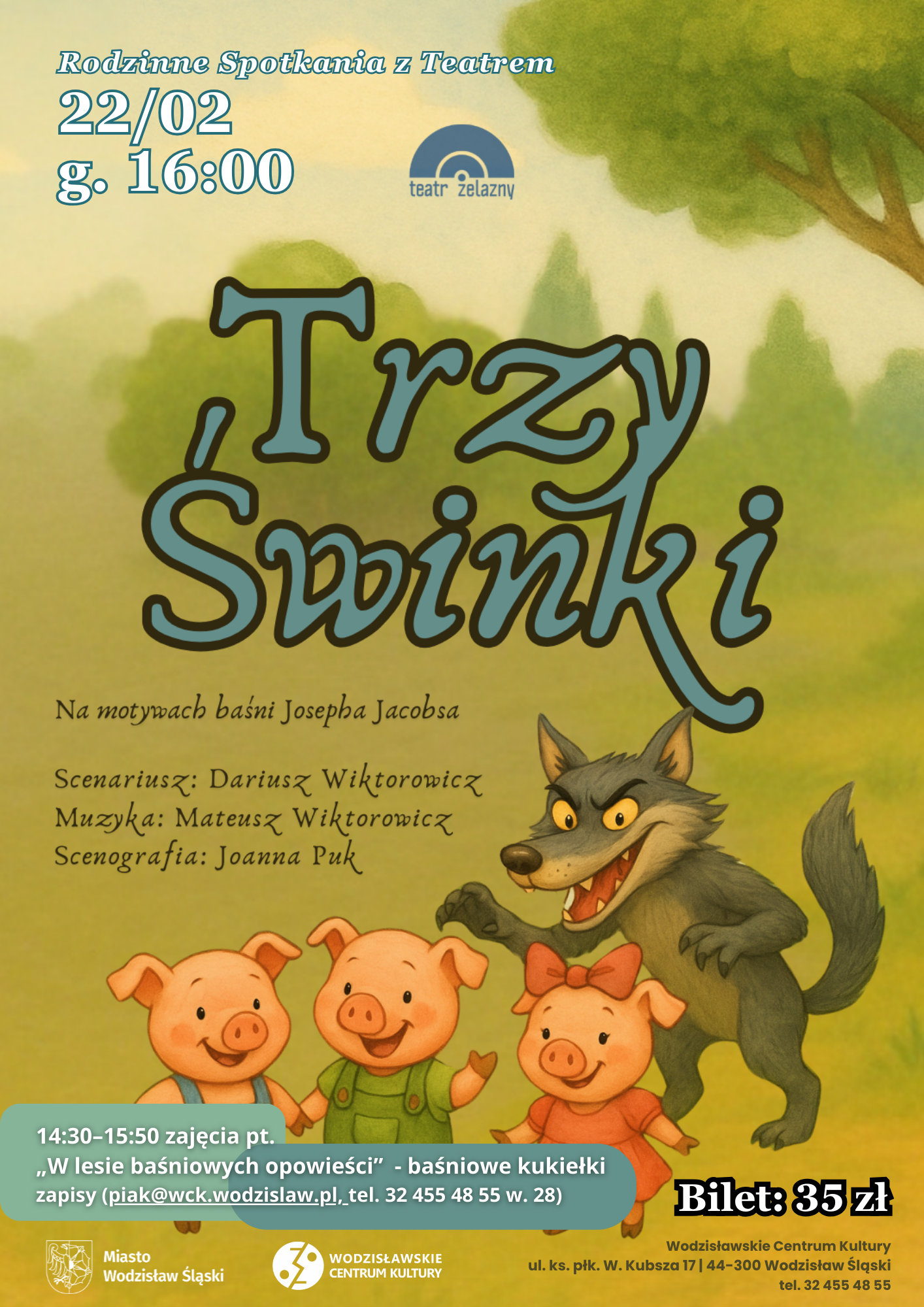 plakat promujący wydarzenie, trzy świnki bajkowe i&nbsp;wilk