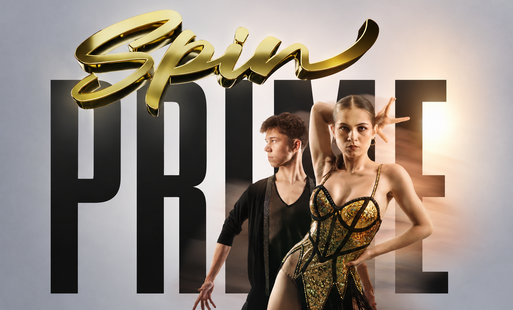 napis spin prime i dwójka tancerzy